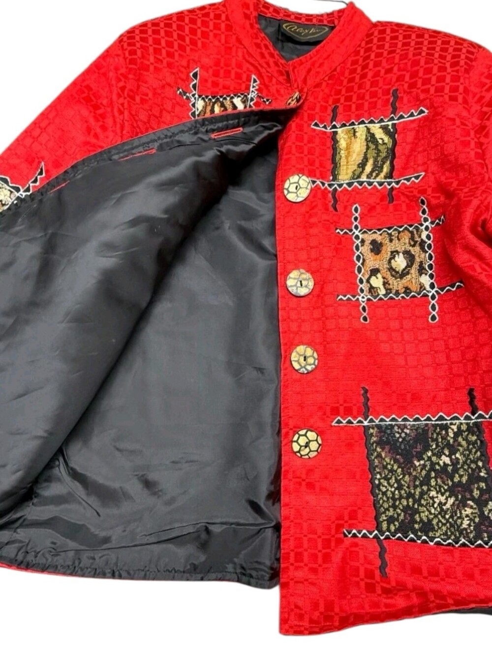 ALEX KIM ALLURE Vintage Red Art To Wear Animal Patchwork Button Loop Jacket LG - Picture 7 of 13